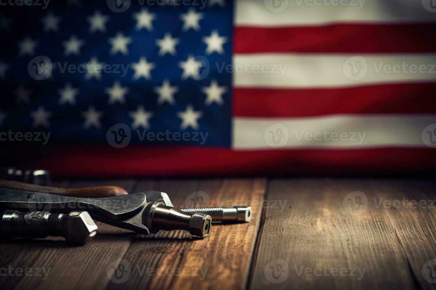AI generated tools on a wooden table against the background of the American flag photo