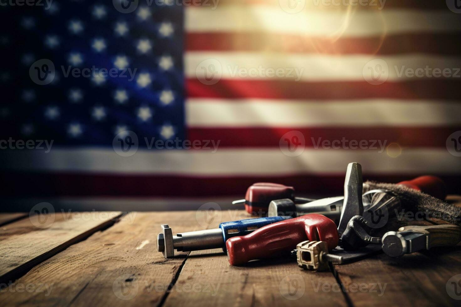 AI generated tools on a wooden table against the background of the American flag photo