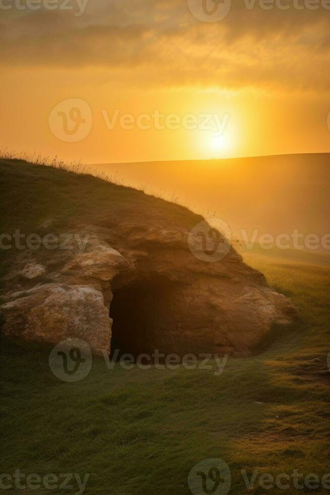 ai generado amanecer terminado un megalítico tumba foto