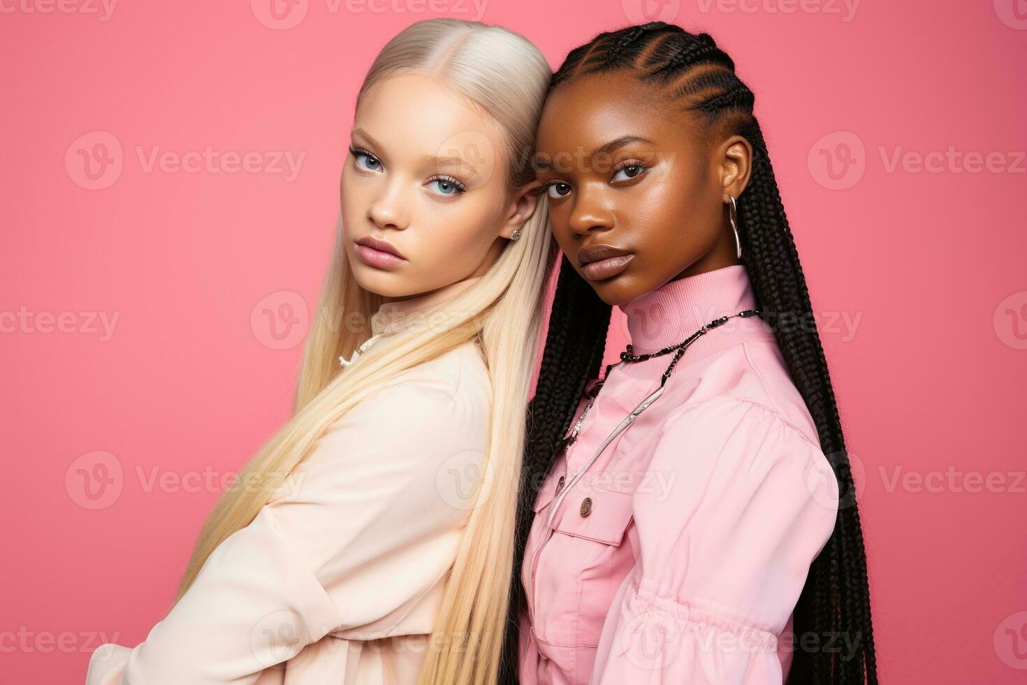 AI generated fashionable Two young multiracial women posing together isolated on pink background photo