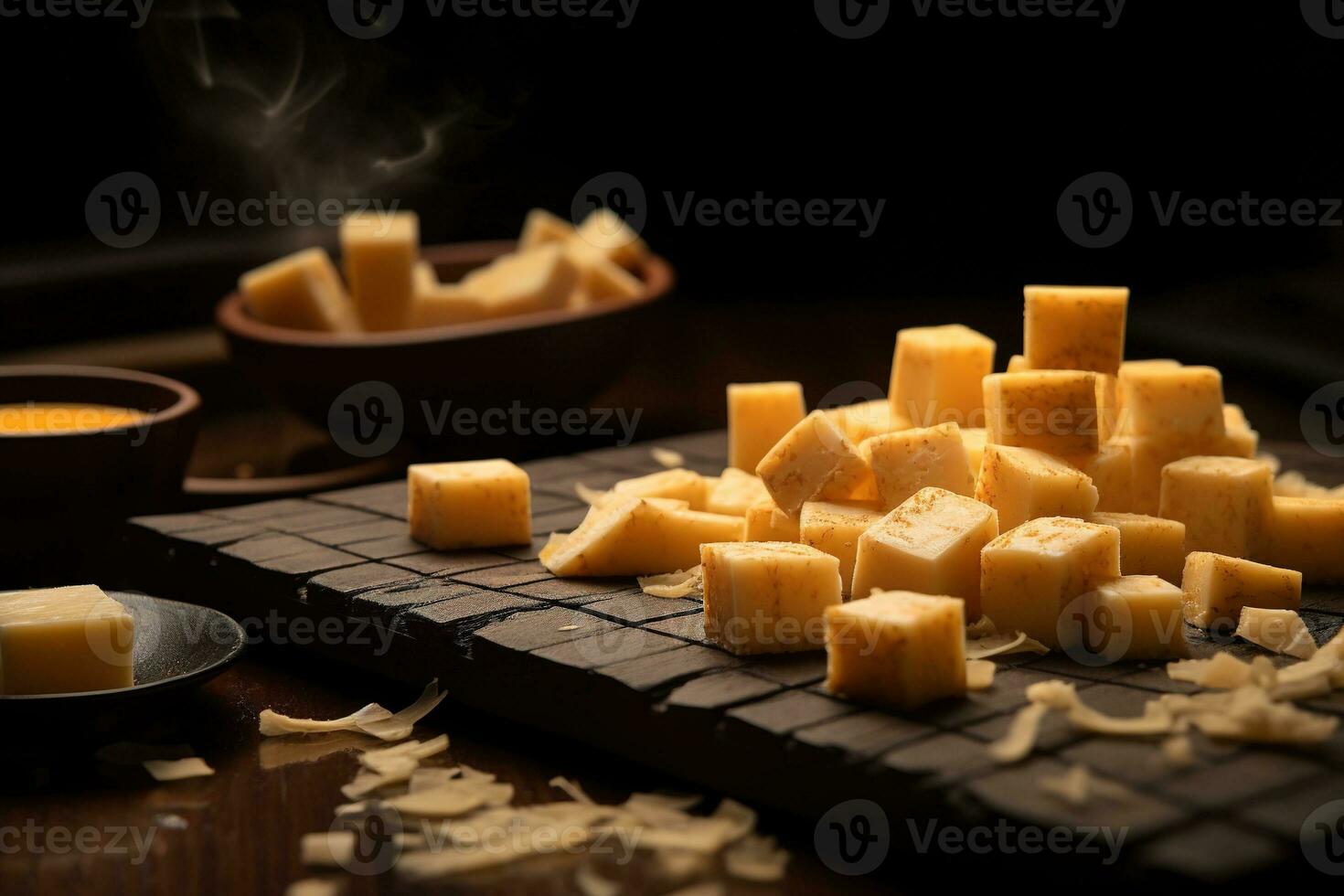 AI generated Close-up of a plate of yellow cheese cubes. photo