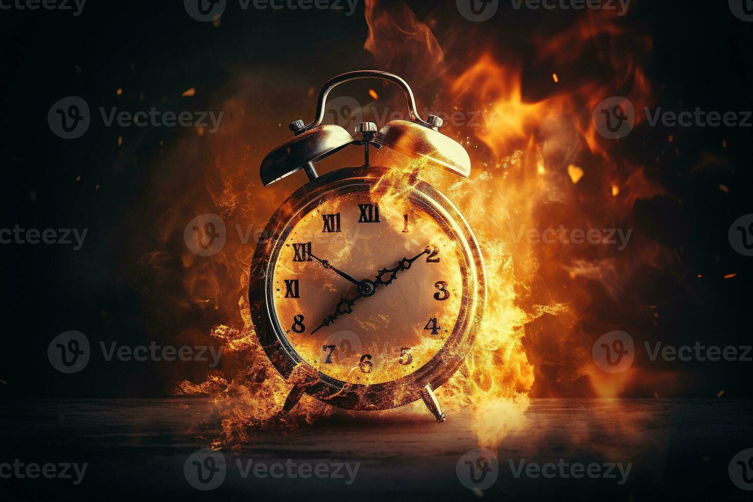 AI generated Alarm clock on fire background. Time is running out concept. photo