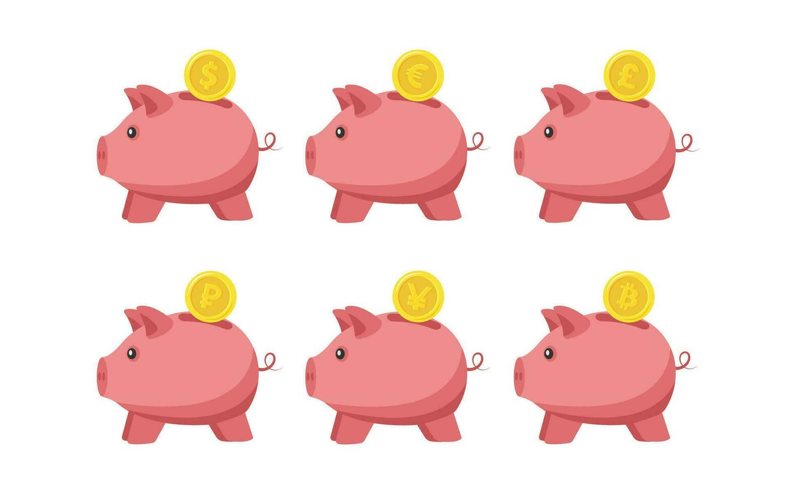 Piggy Bank and Coins with currency symbols. Set of piggy banks with gold coins. vector