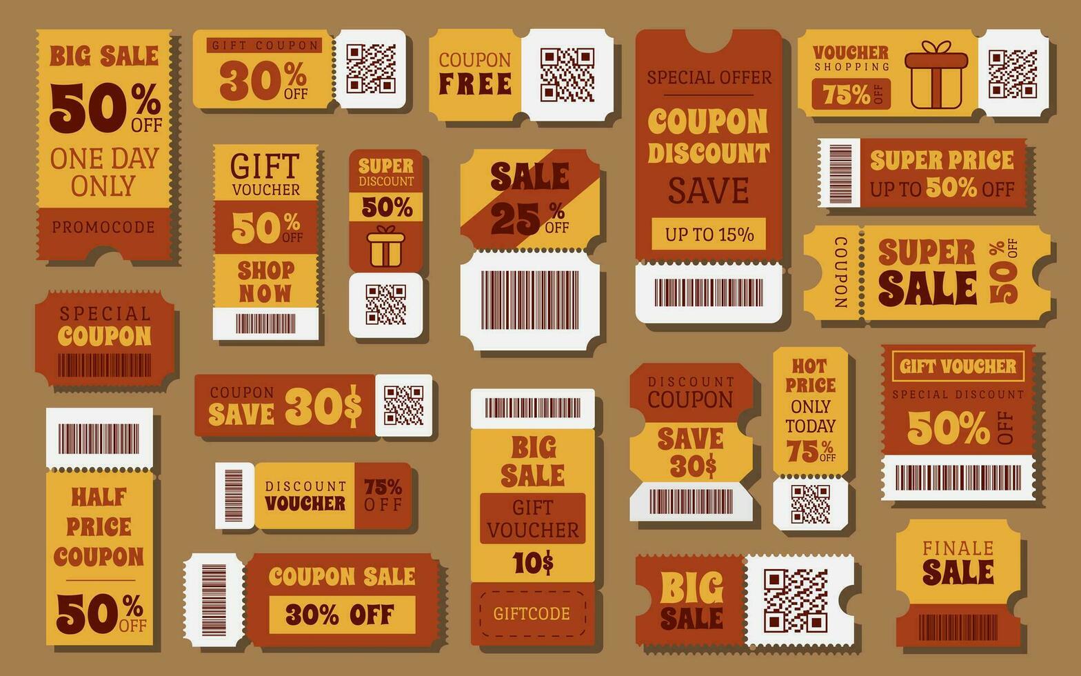 Coupons groovy, retro, vintage. Coupons discount, gift vouchers. Various coupon promotion set. vector