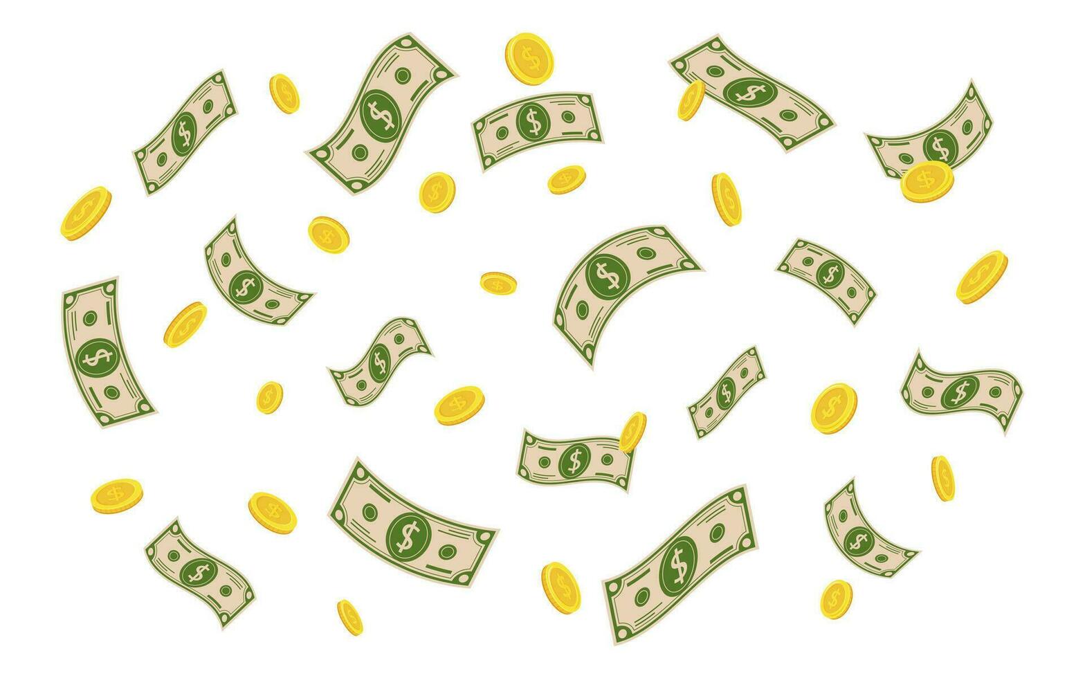 Dollar coins and banknotes. Falling coins, falling money, flying gold coins, golden rain. vector