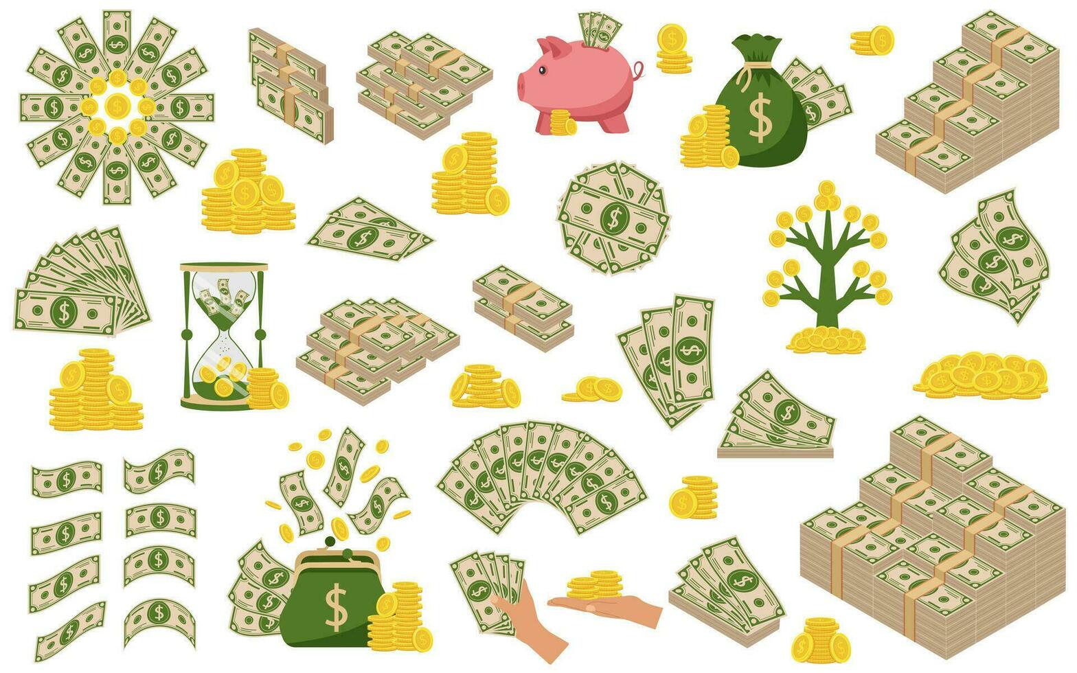 Money and coins. Green dollar banknotes pile, golden coin. Bundle with cash bills. Flat vector cartoon money illustration. Objects isolated on a white background.