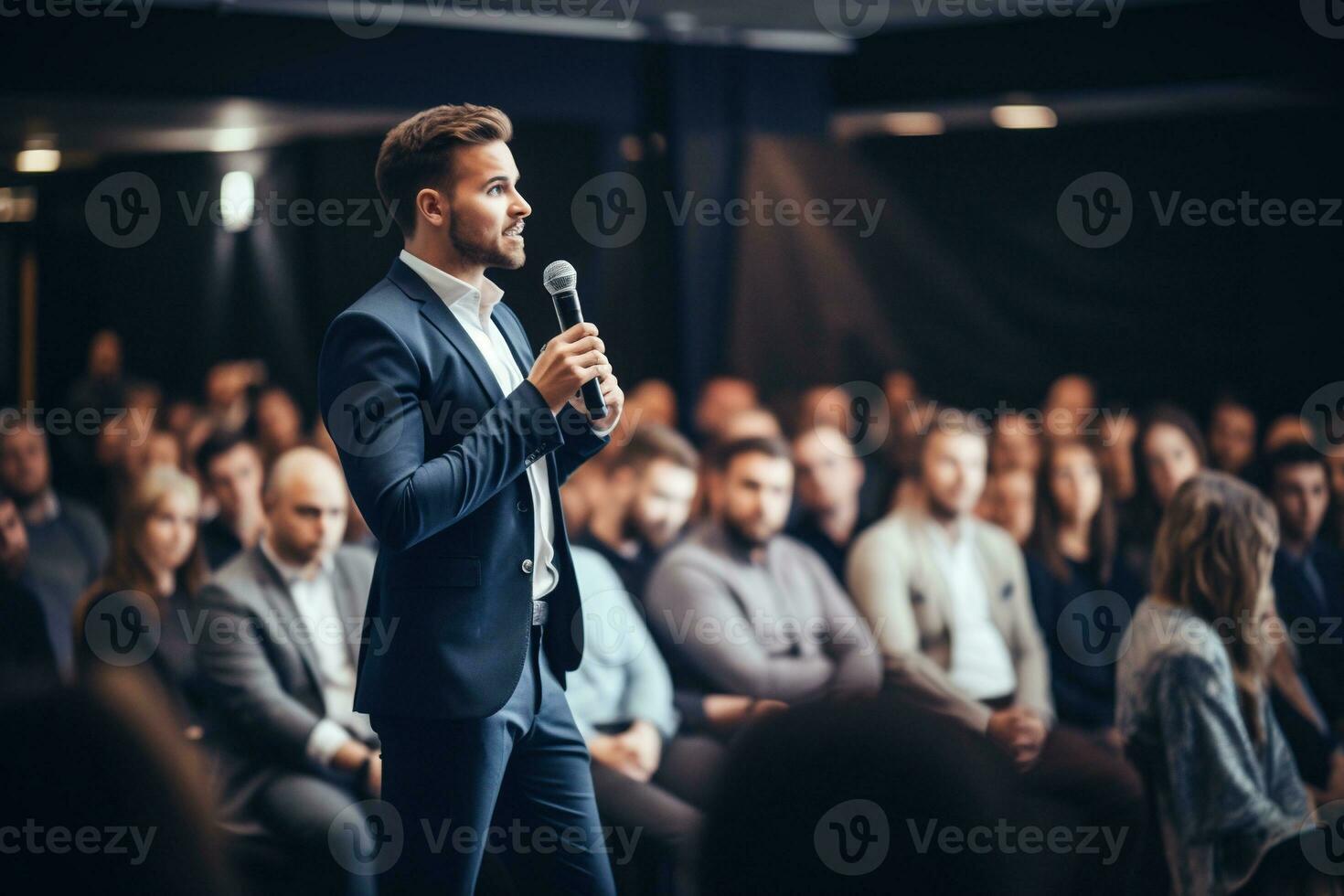 AI generated Speaker Giving a Talk at Business Conference. Audience at the conference hall. Business and Entrepreneurship. photo