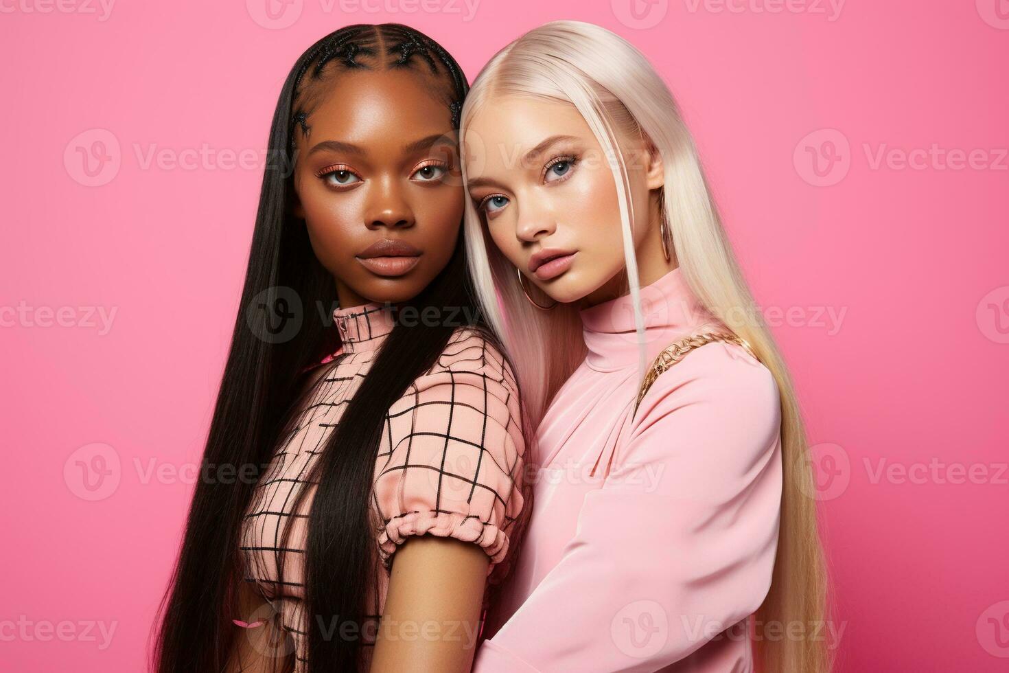 AI generated fashionable Two young multiracial women posing together isolated on pink background photo