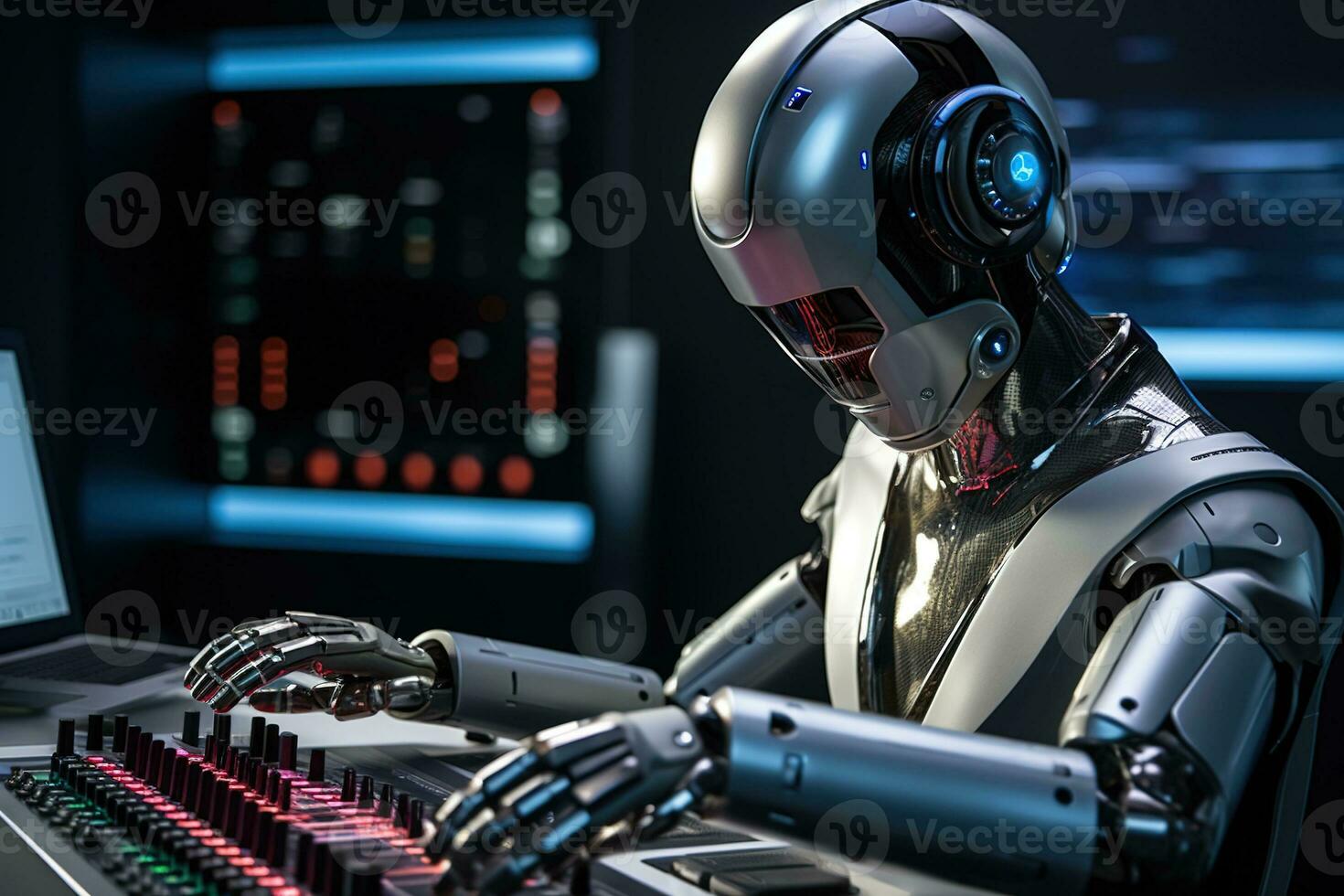 AI generated Robot humanoid working on a computer in a nightclub photo