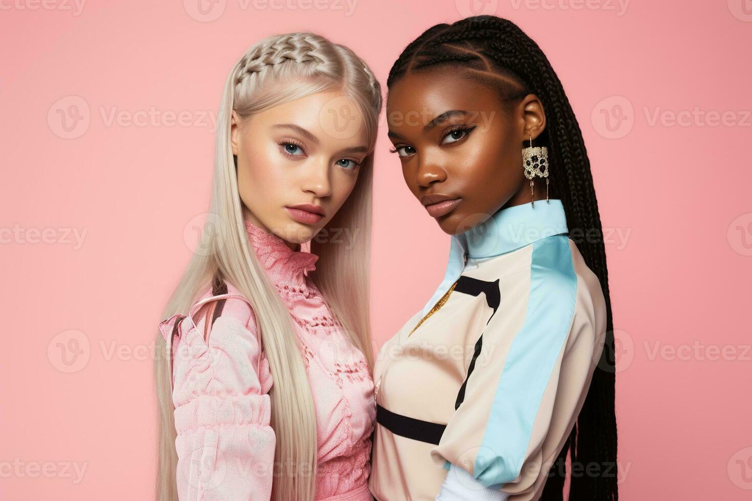 AI generated fashionable Two young multiracial women posing together isolated on pink background photo