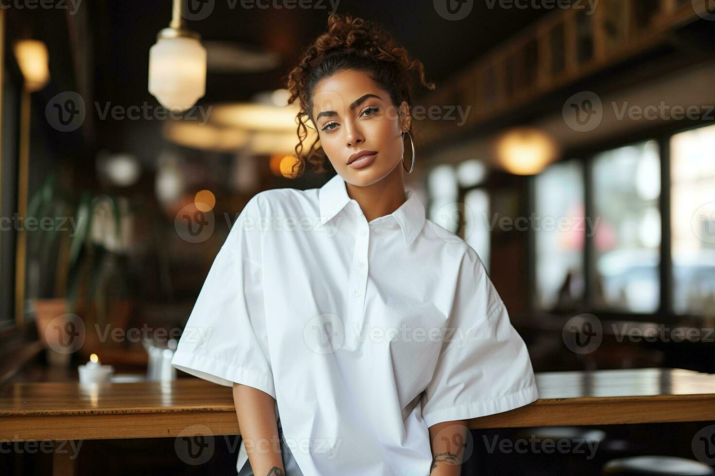 ai generado retrato de un hermosa joven mujer vistiendo blanco camisa foto