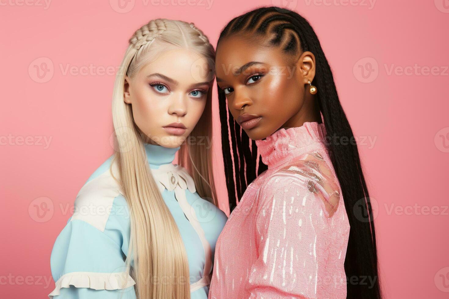 AI generated fashionable Two young multiracial women posing together isolated on pink background photo