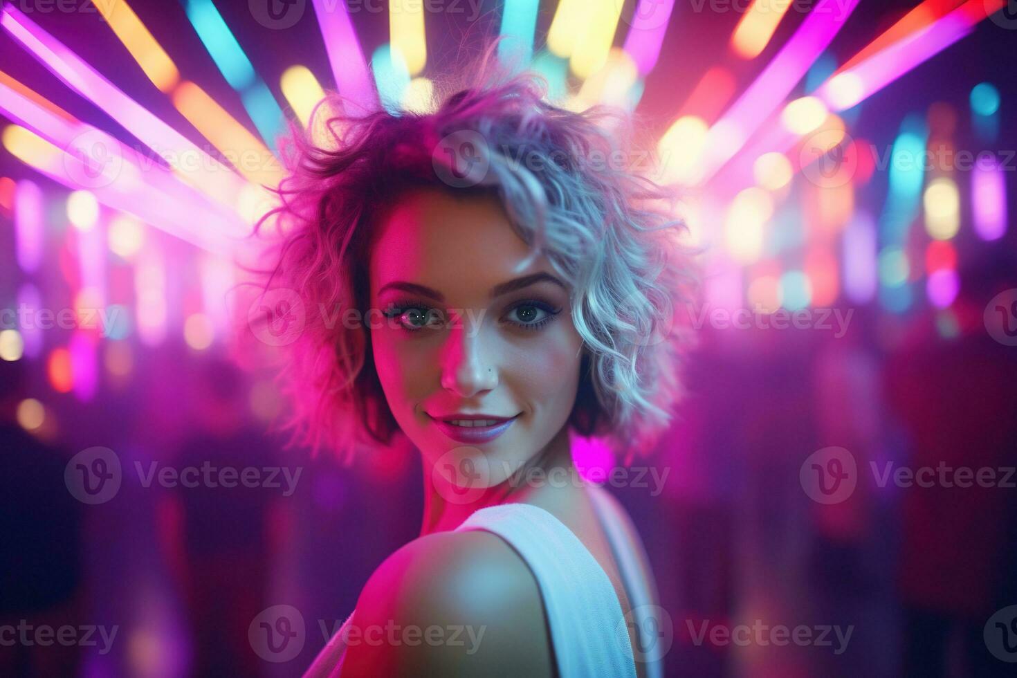 AI generated Portrait of a beautiful girl with short hair dancing in a nightclub photo