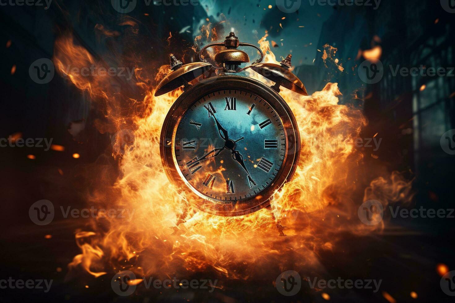 AI generated Alarm clock on fire background. Time is running out concept. photo