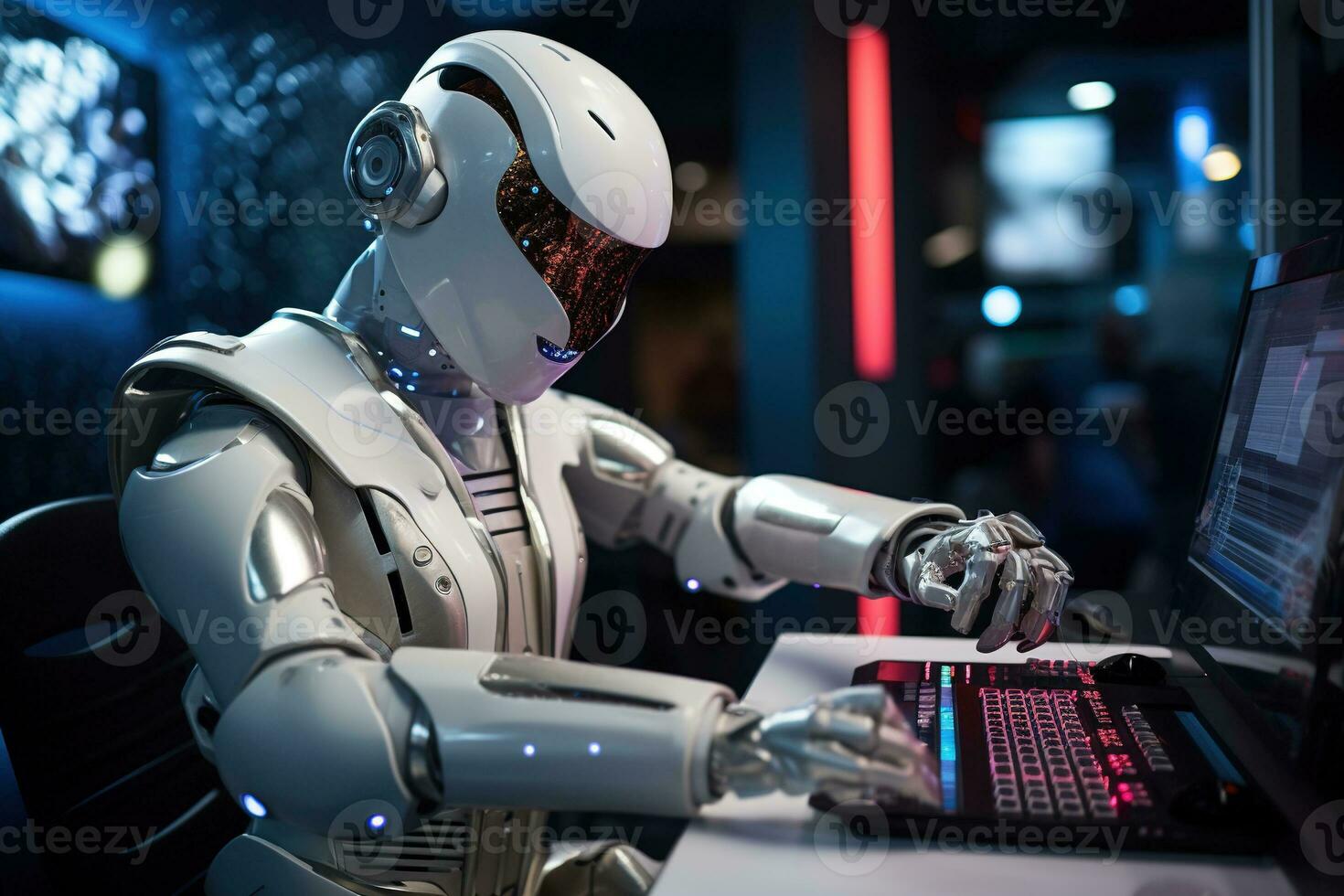 AI generated Robot humanoid working on a computer in a nightclub photo
