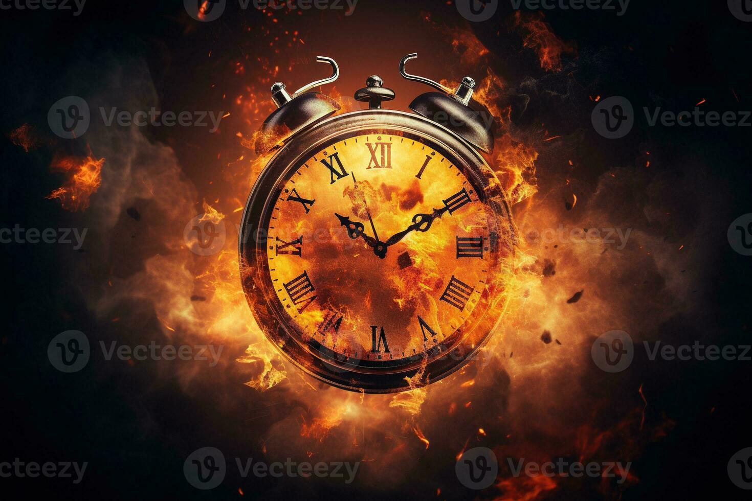 AI generated Alarm clock on fire background. Time is running out concept. photo