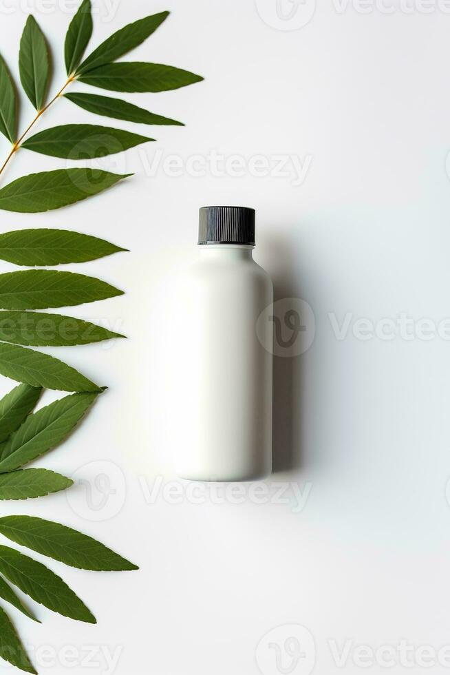 AI generated Blank cosmetic bottle with green leaves on white background photo