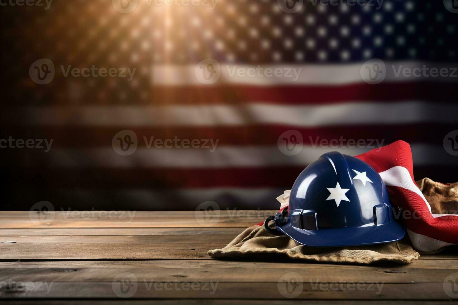 AI generated tools on a wooden table against the background of the American flag photo