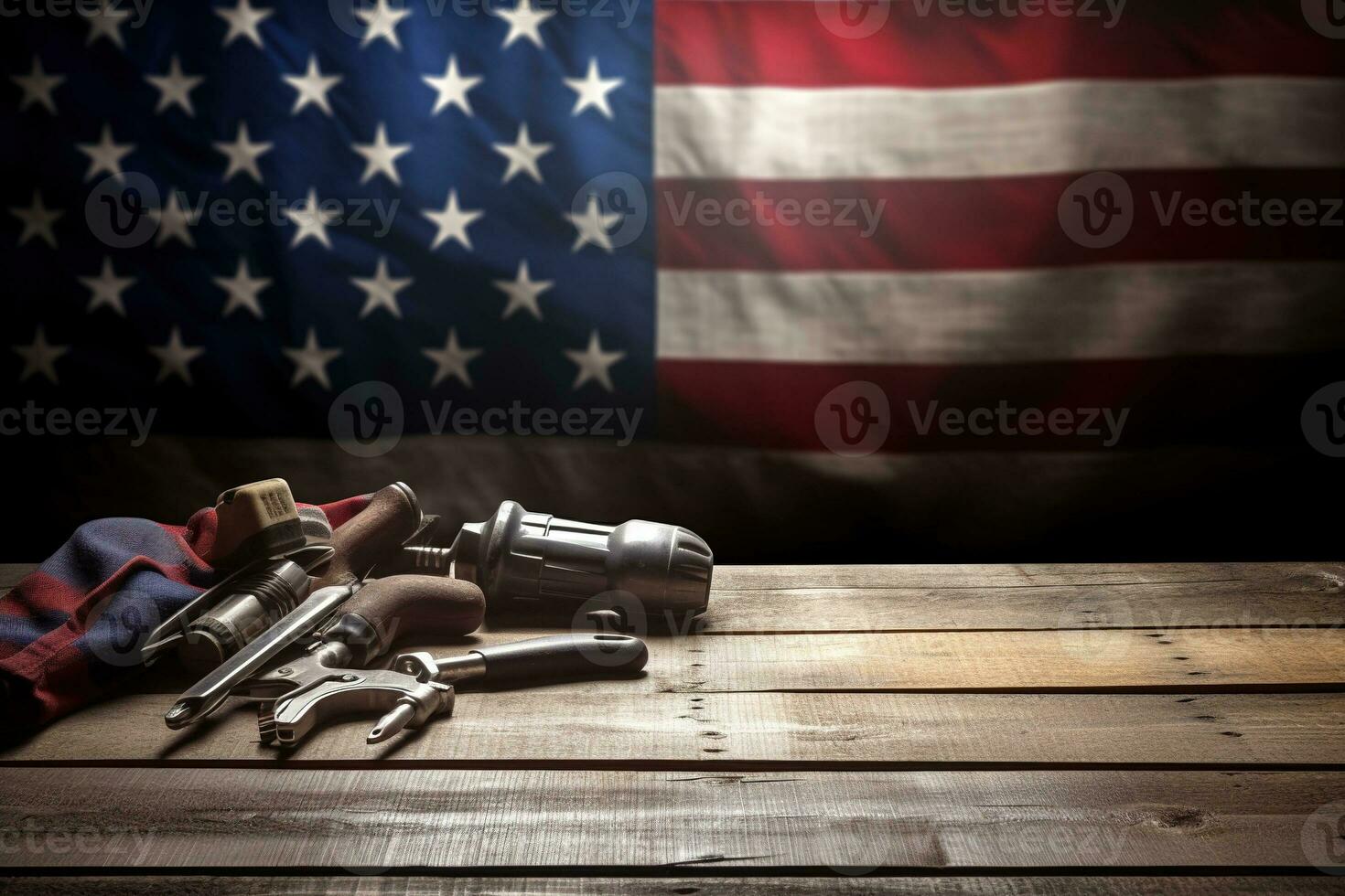 AI generated tools on a wooden table against the background of the American flag photo