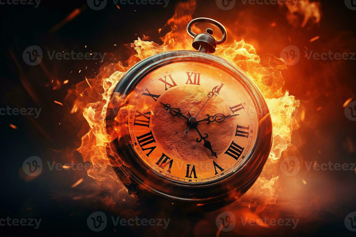 AI generated Alarm clock on fire background. Time is running out concept. photo