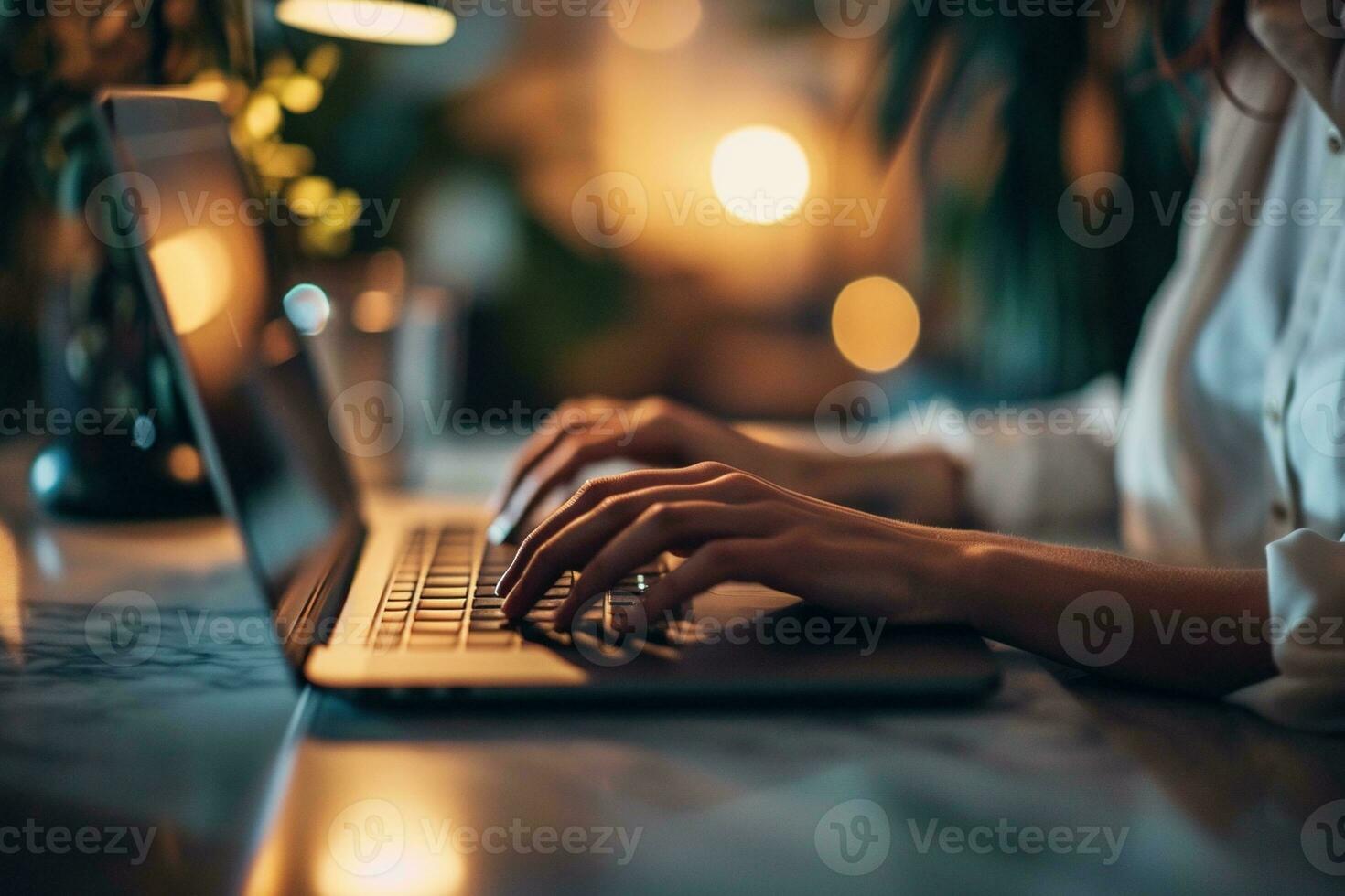 AI generated Close up of female hands typing on laptop keyboard at table in cafe photo