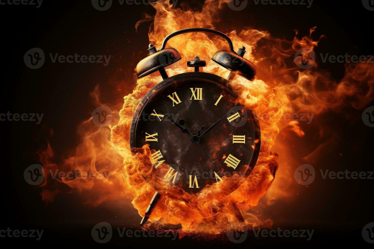 AI generated Alarm clock on fire background. Time is running out concept. photo