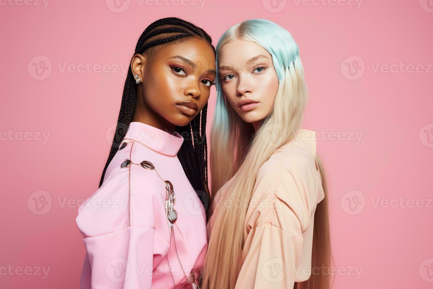 AI generated fashionable Two young multiracial women posing together isolated on pink background photo