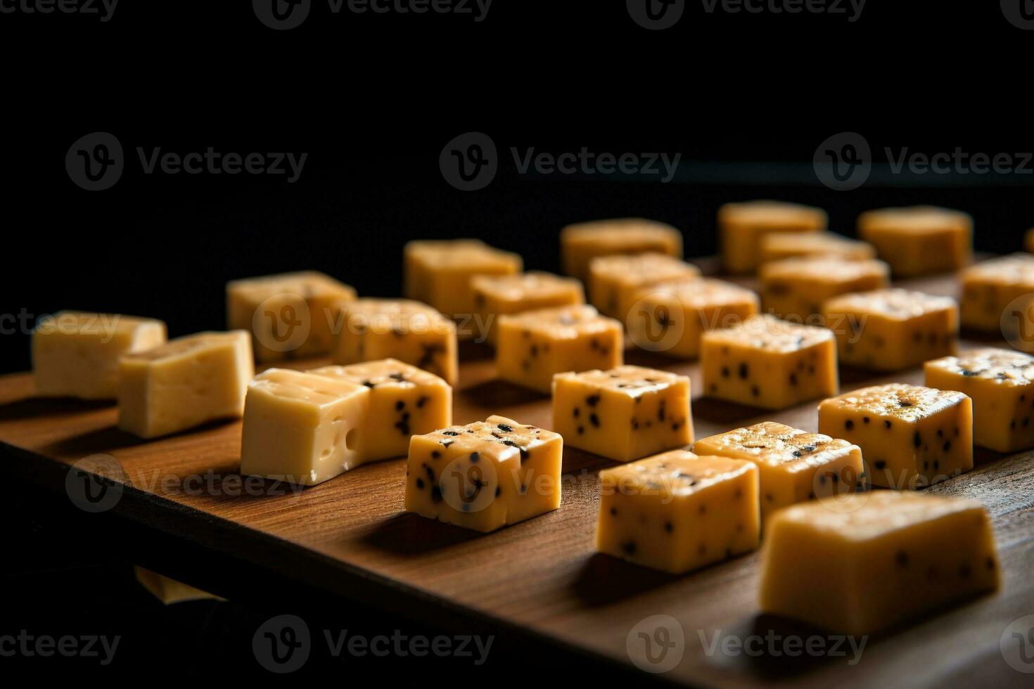 AI generated Close-up of a plate of yellow cheese cubes. photo