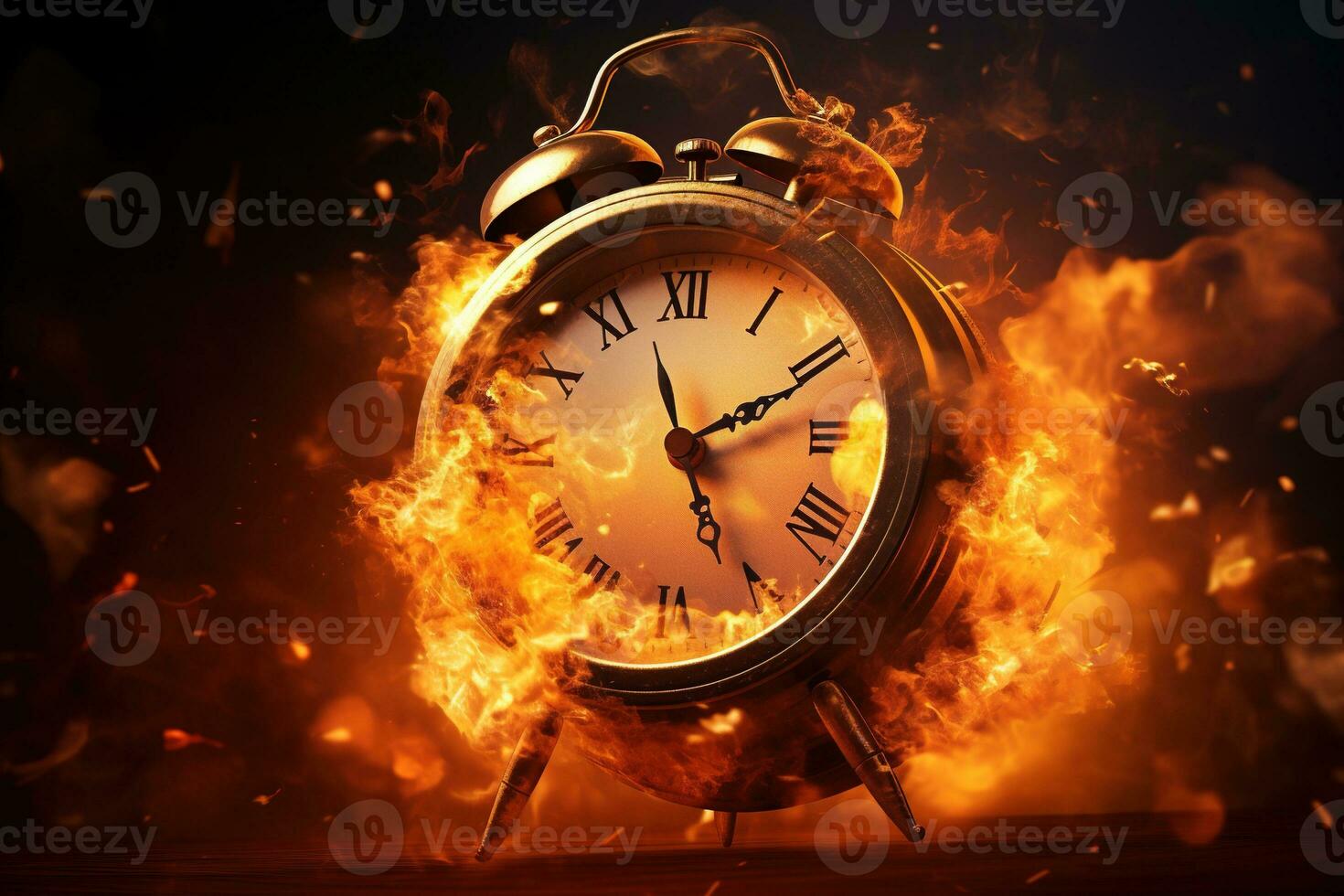 AI generated Alarm clock on fire background. Time is running out concept. photo