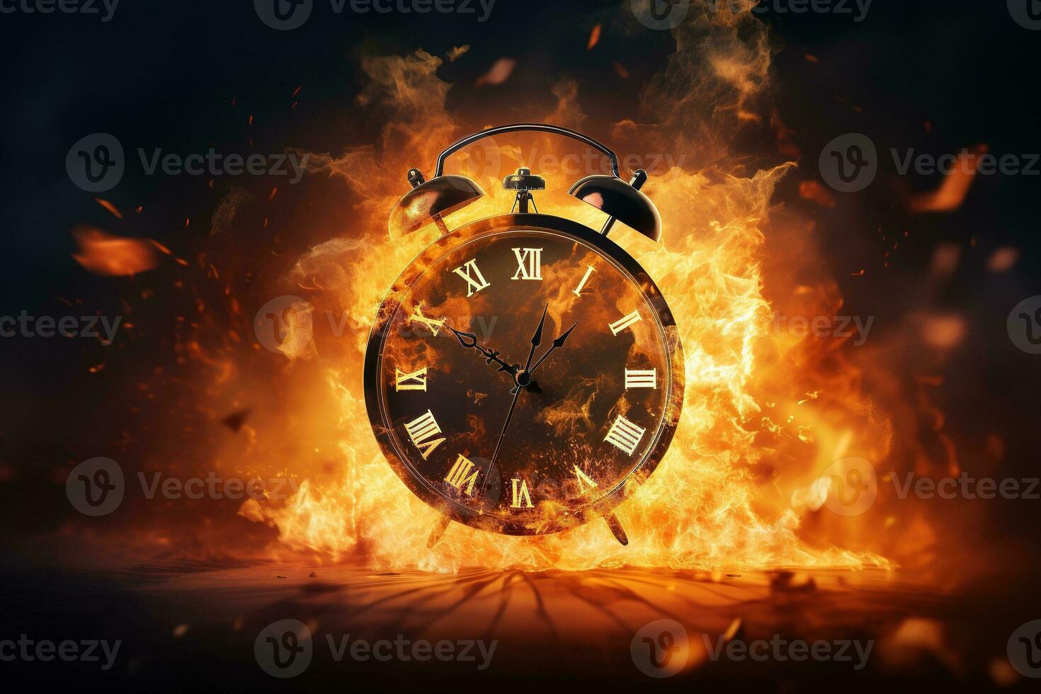 AI generated Alarm clock on fire background. Time is running out concept. photo