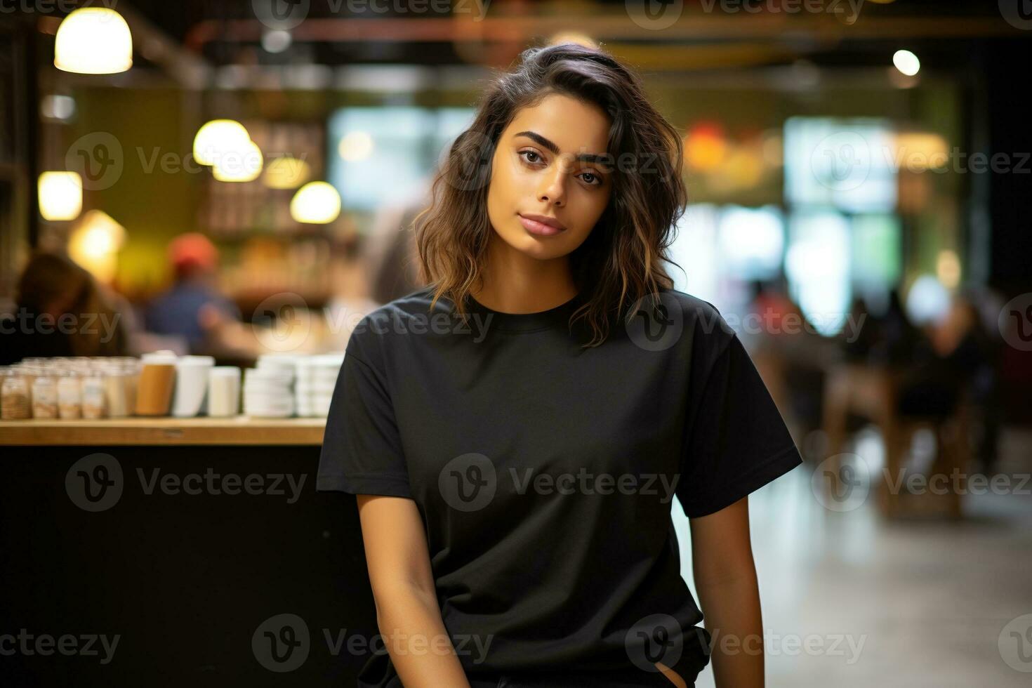 AI generated Portrait of a beautiful young woman in a black shirt . photo