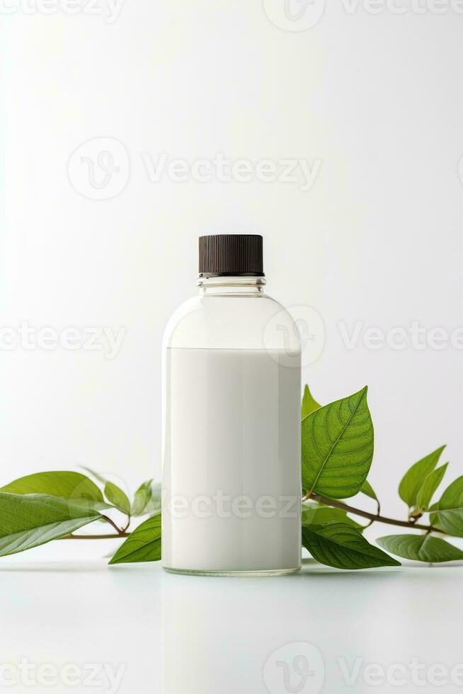 AI generated Blank cosmetic bottle with green leaves on white background photo