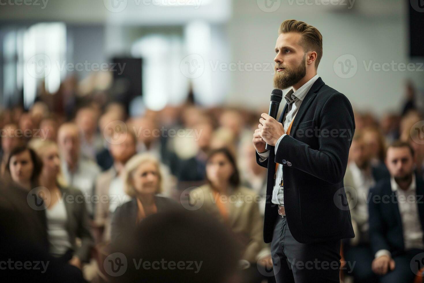 AI generated Speaker Giving a Talk at Business Conference. Audience at the conference hall. Business and Entrepreneurship. photo