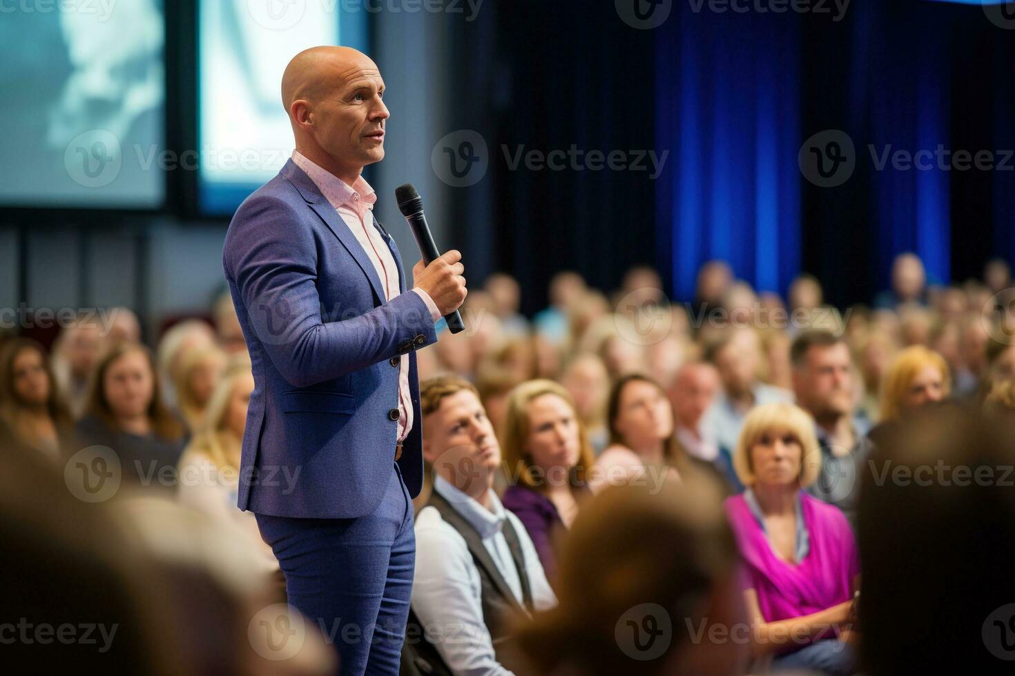 AI generated Speaker Giving a Talk at Business Conference. Audience at the conference hall. Business and Entrepreneurship. photo