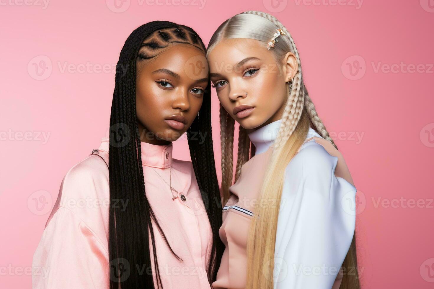 AI generated fashionable Two young multiracial women posing together isolated on pink background photo
