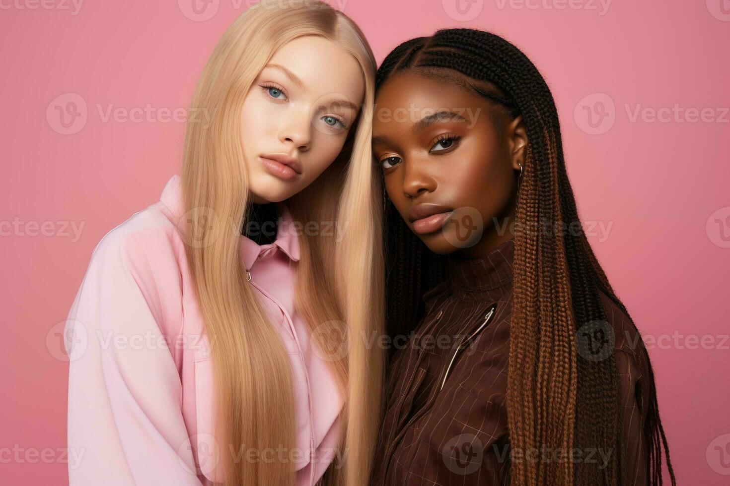 AI generated fashionable Two young multiracial women posing together isolated on pink background photo