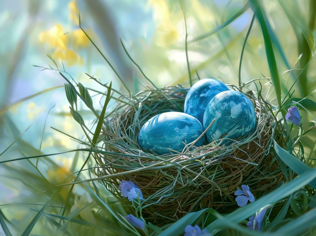 AI generated blue easter eggs are in the nest easter photo