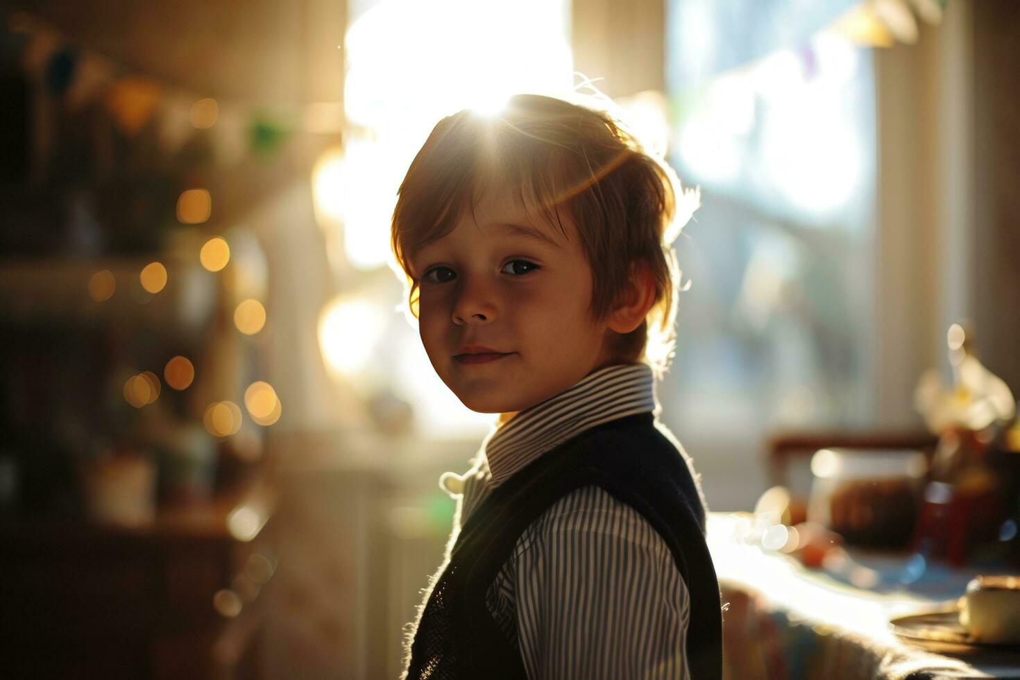 AI generated boy is standing in front of party at home photo