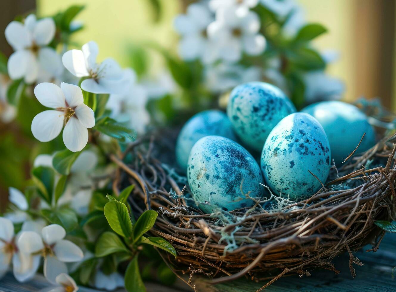 AI generated blue easter eggs are in the nest easter photo