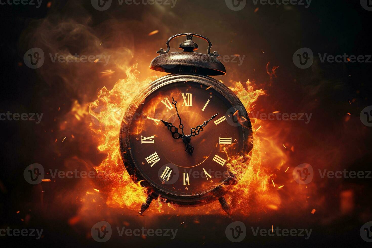 AI generated Alarm clock on fire background. Time is running out concept. photo