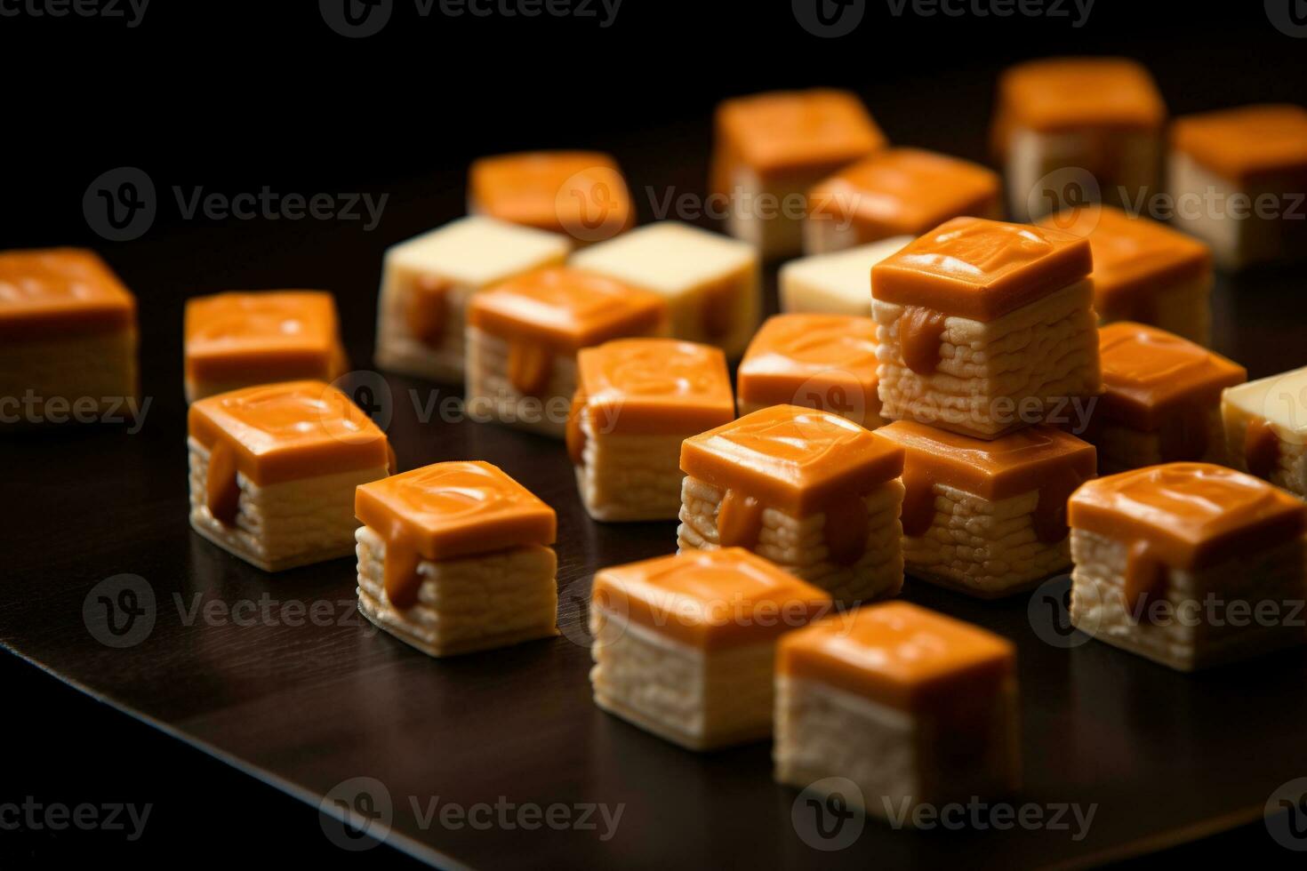 AI generated Close-up of a plate of yellow cheese cubes. photo