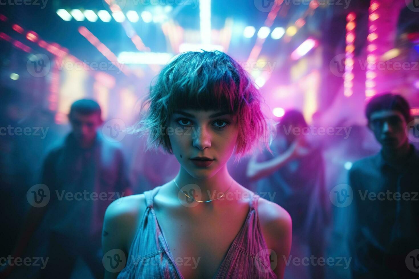 AI generated Portrait of a beautiful girl with short hair dancing in a nightclub photo