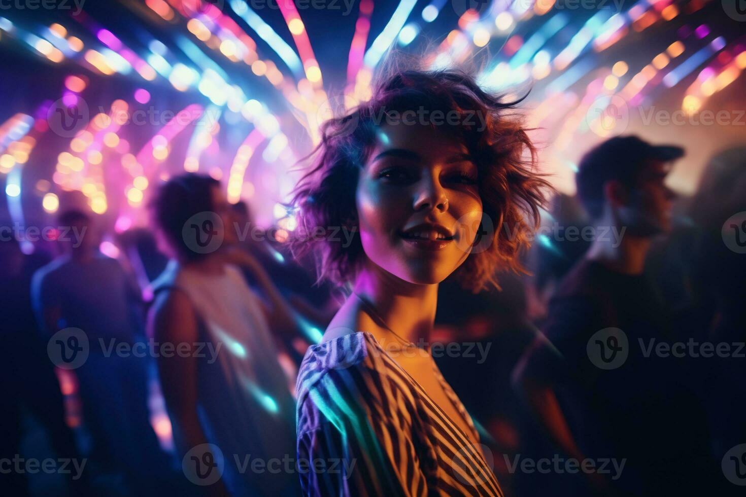 ai generado retrato de un hermosa niña con corto pelo bailando en un Club nocturno foto