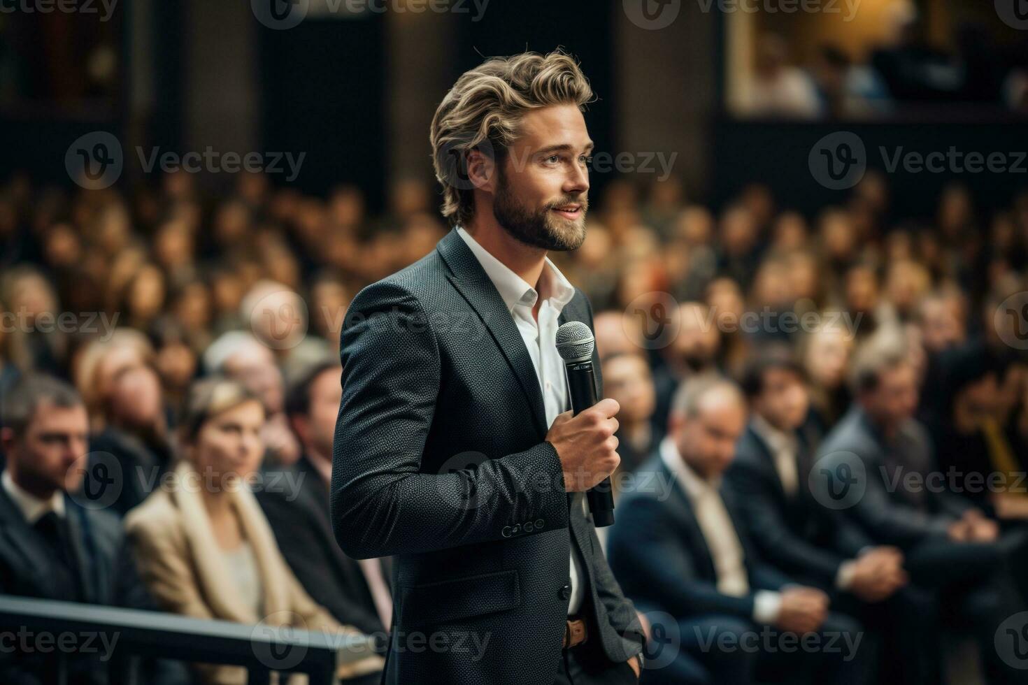 AI generated Speaker Giving a Talk at Business Conference. Audience at the conference hall. Business and Entrepreneurship. photo