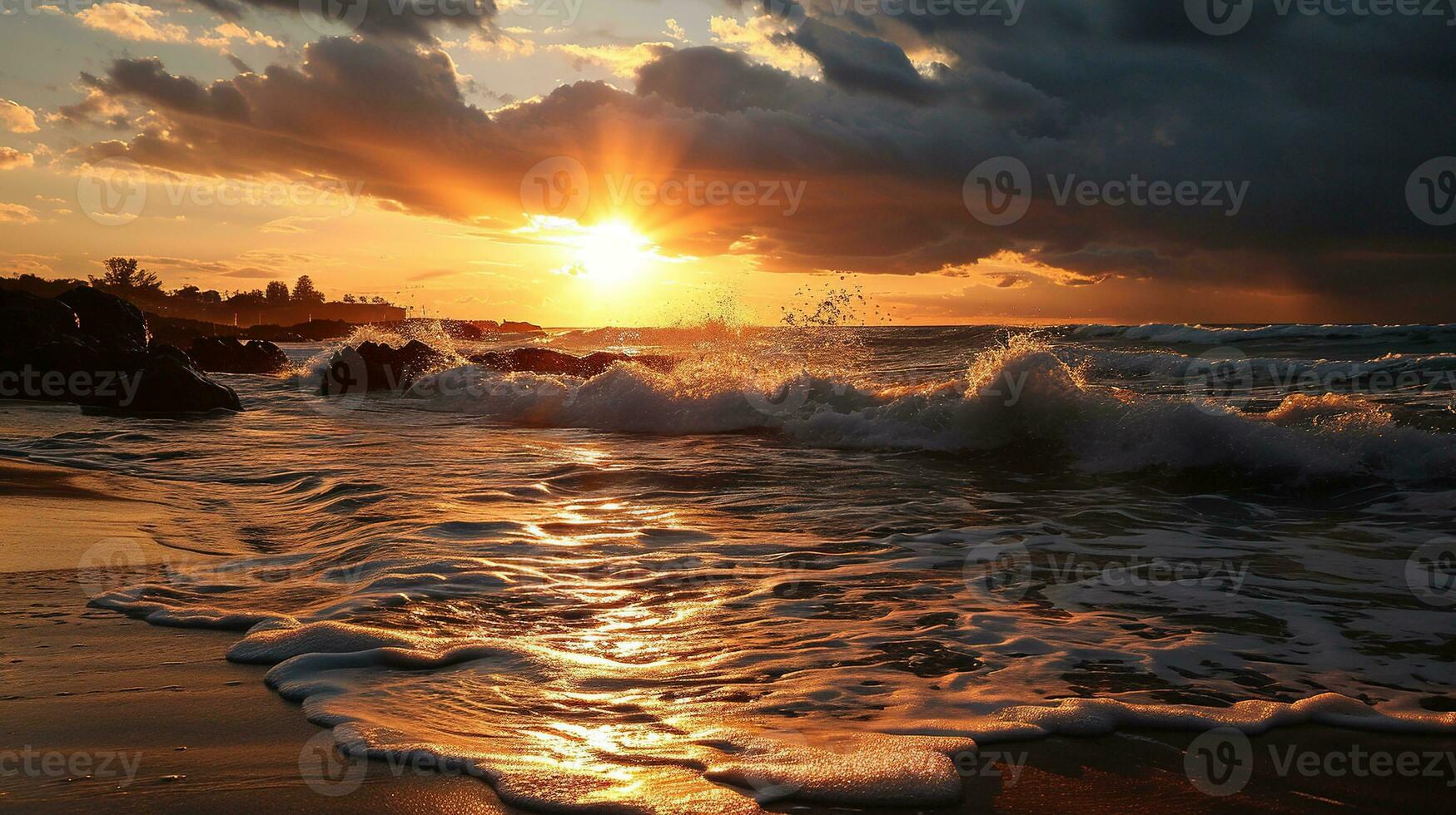 AI generated Beautiful sunset on the beach. Sea waves and splashes. photo