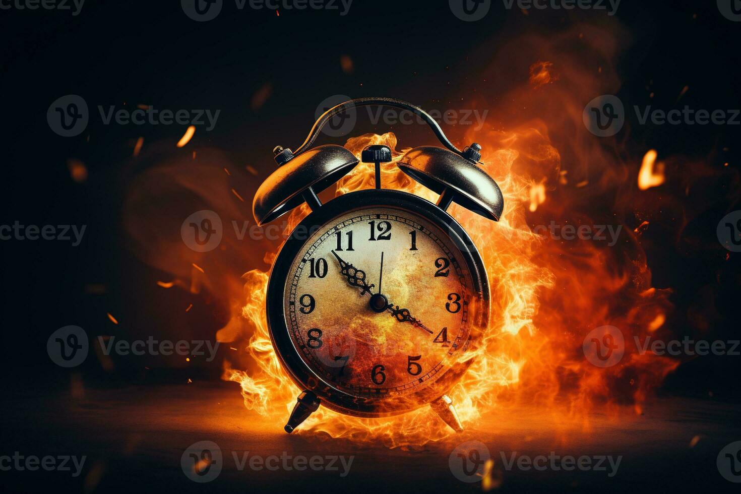 AI generated Alarm clock on fire background. Time is running out concept. photo