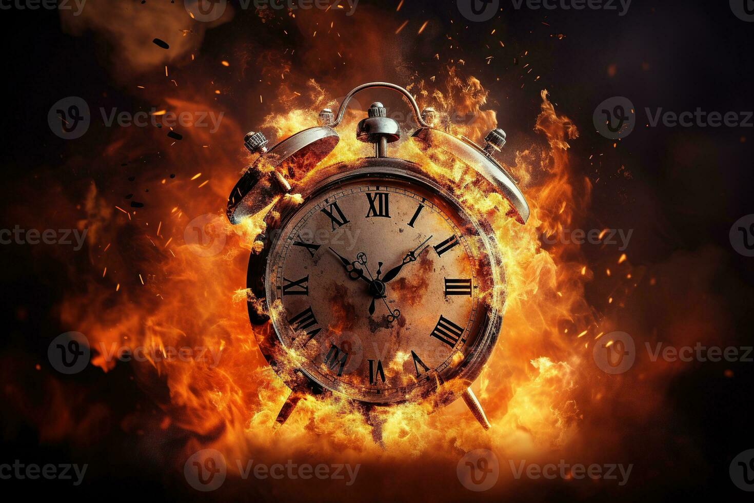 AI generated Alarm clock on fire background. Time is running out concept. photo