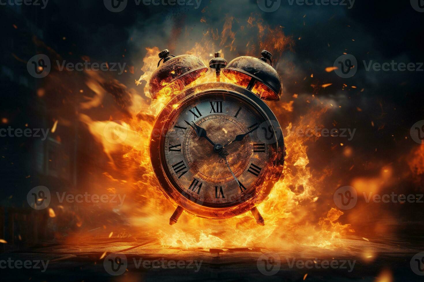 AI generated Alarm clock on fire background. Time is running out concept. photo