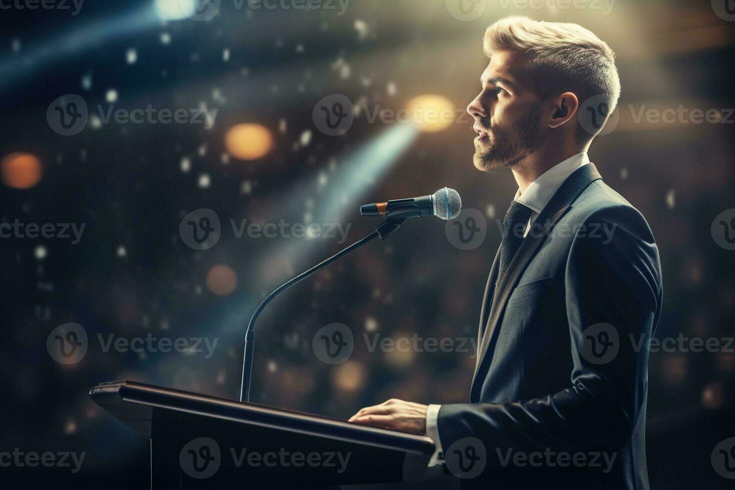 AI generated Speaker Giving a Talk at Business Conference. Audience at the conference hall. Business and Entrepreneurship. photo
