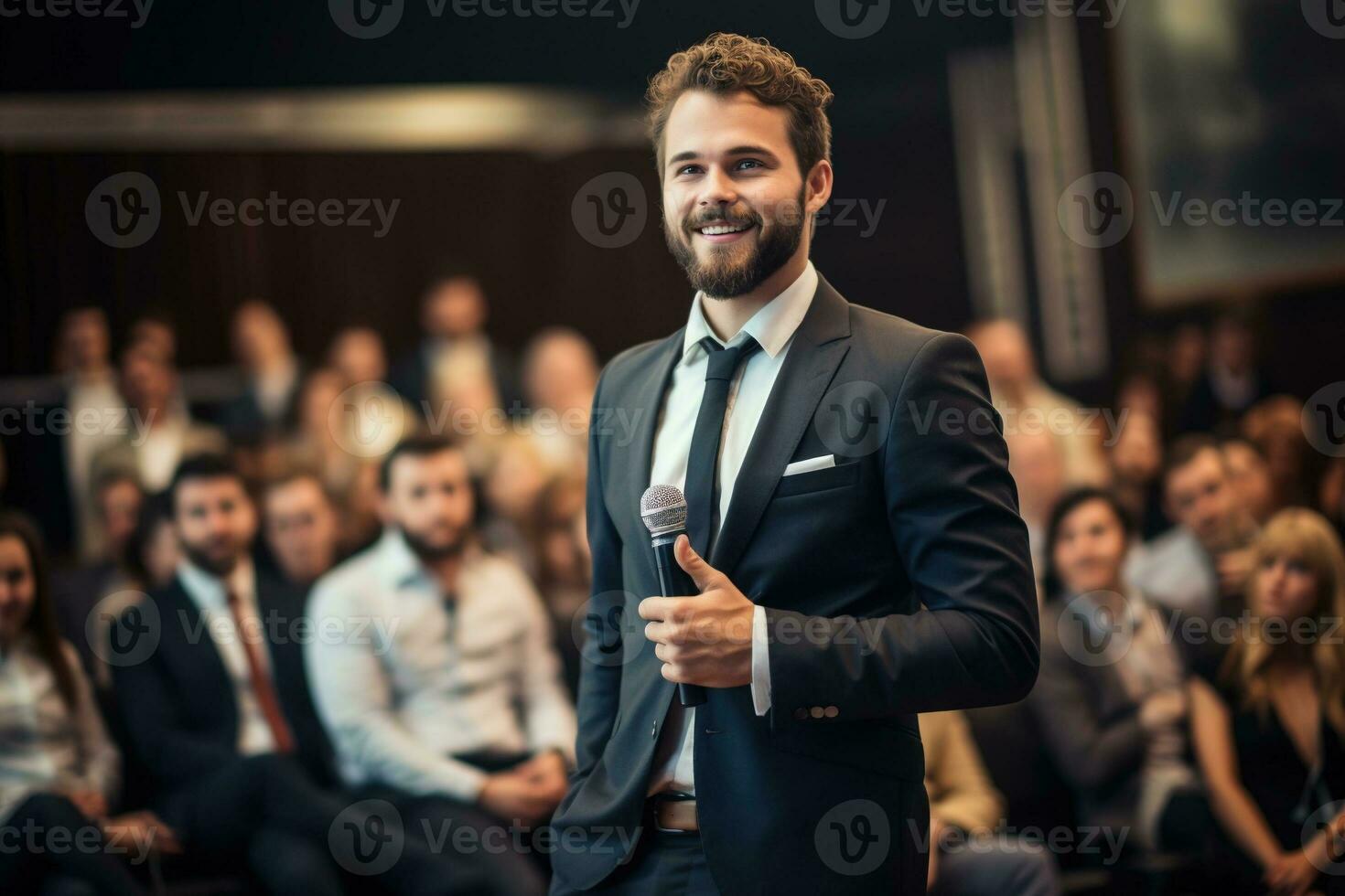 AI generated Speaker Giving a Talk at Business Conference. Audience at the conference hall. Business and Entrepreneurship. photo